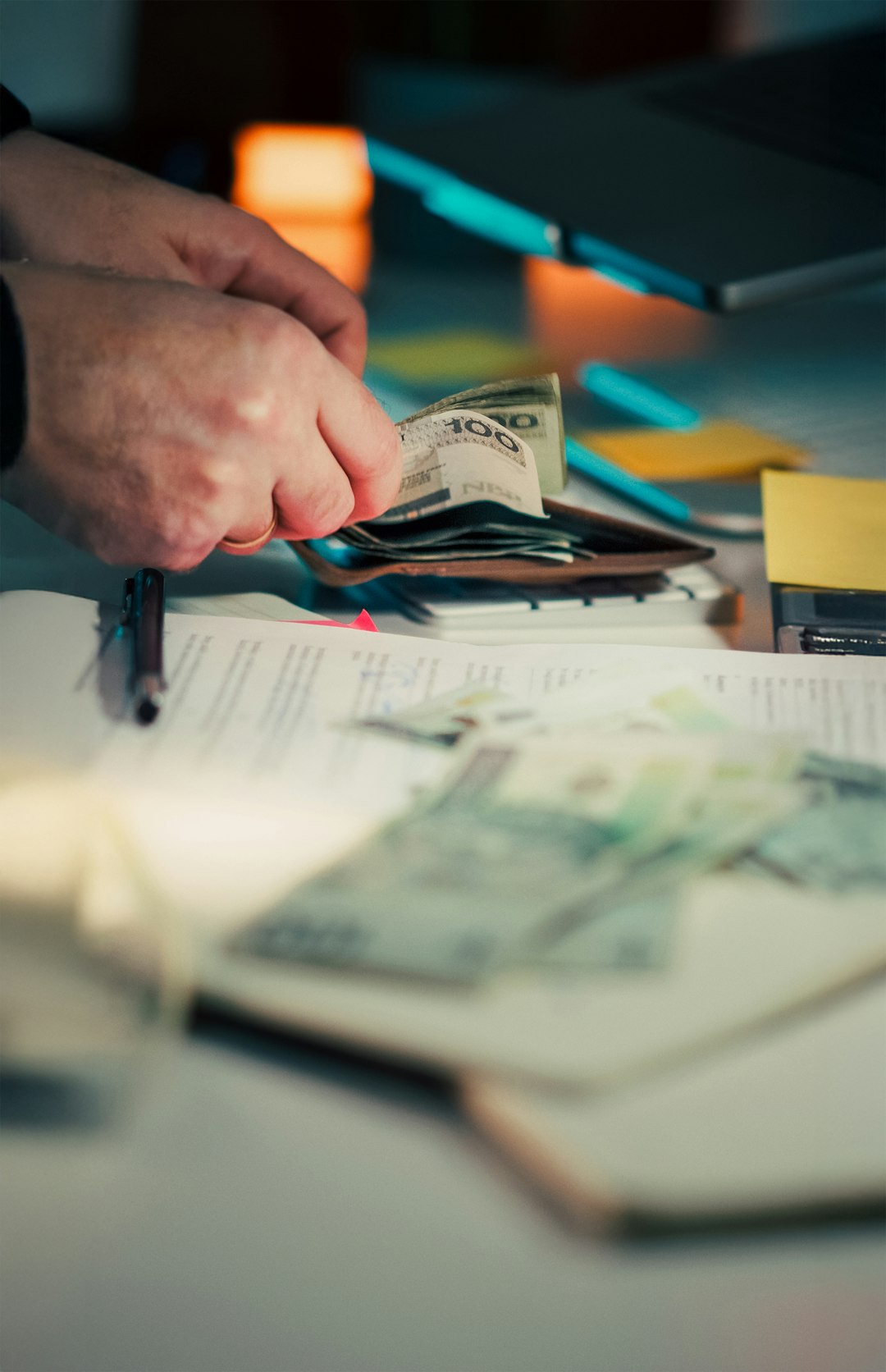 Wallet Deposit Savings Salary Budget close-up hands placing Polish banknotes leather wallet